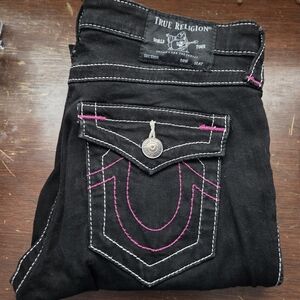 True Religion Black Straight Leg Jeans with Pink Contrast Stitching